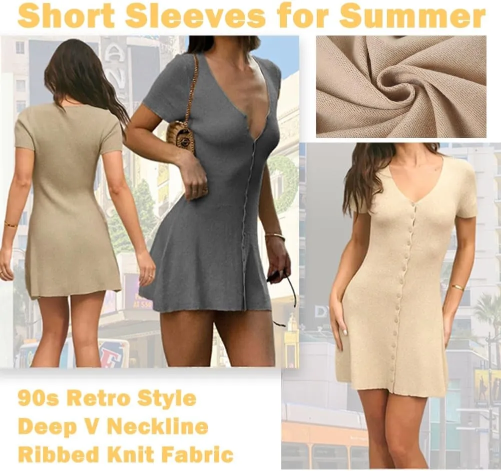 Knit Mini Dress 90s Front Button up Knitted Deep V Neck Dress Women Short Sleeve Sexy Casual Ribbed Summer