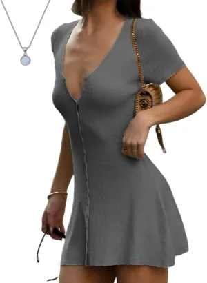 Knit Mini Dress 90s Front Button up Knitted Deep V Neck Dress Women Short Sleeve Sexy Casual Ribbed Summer