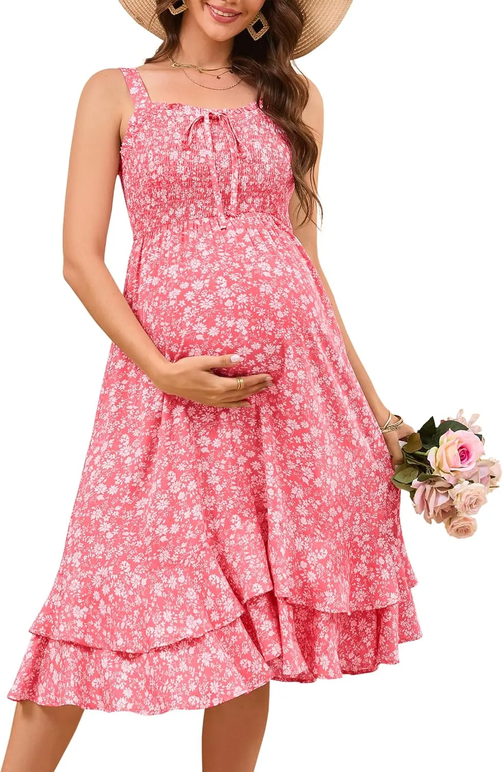 KOJOOIN Women's Maternity Dress Summer Floral Sleeveless Smocked Dresses Casual Flowy Maxi Dress Photoshoot Baby Shower