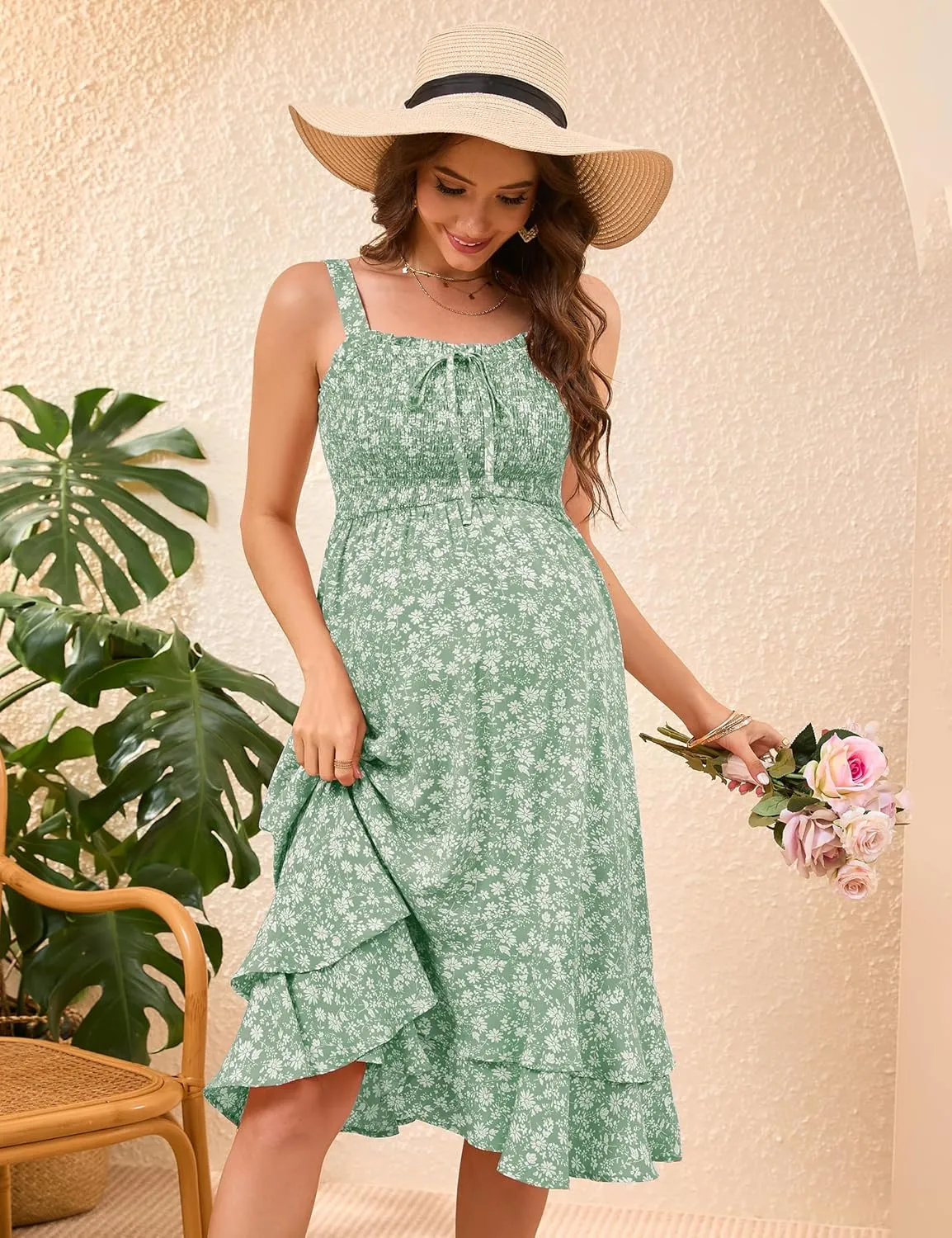 KOJOOIN Women's Maternity Dress Summer Floral Sleeveless Smocked Dresses Casual Flowy Maxi Dress Photoshoot Baby Shower