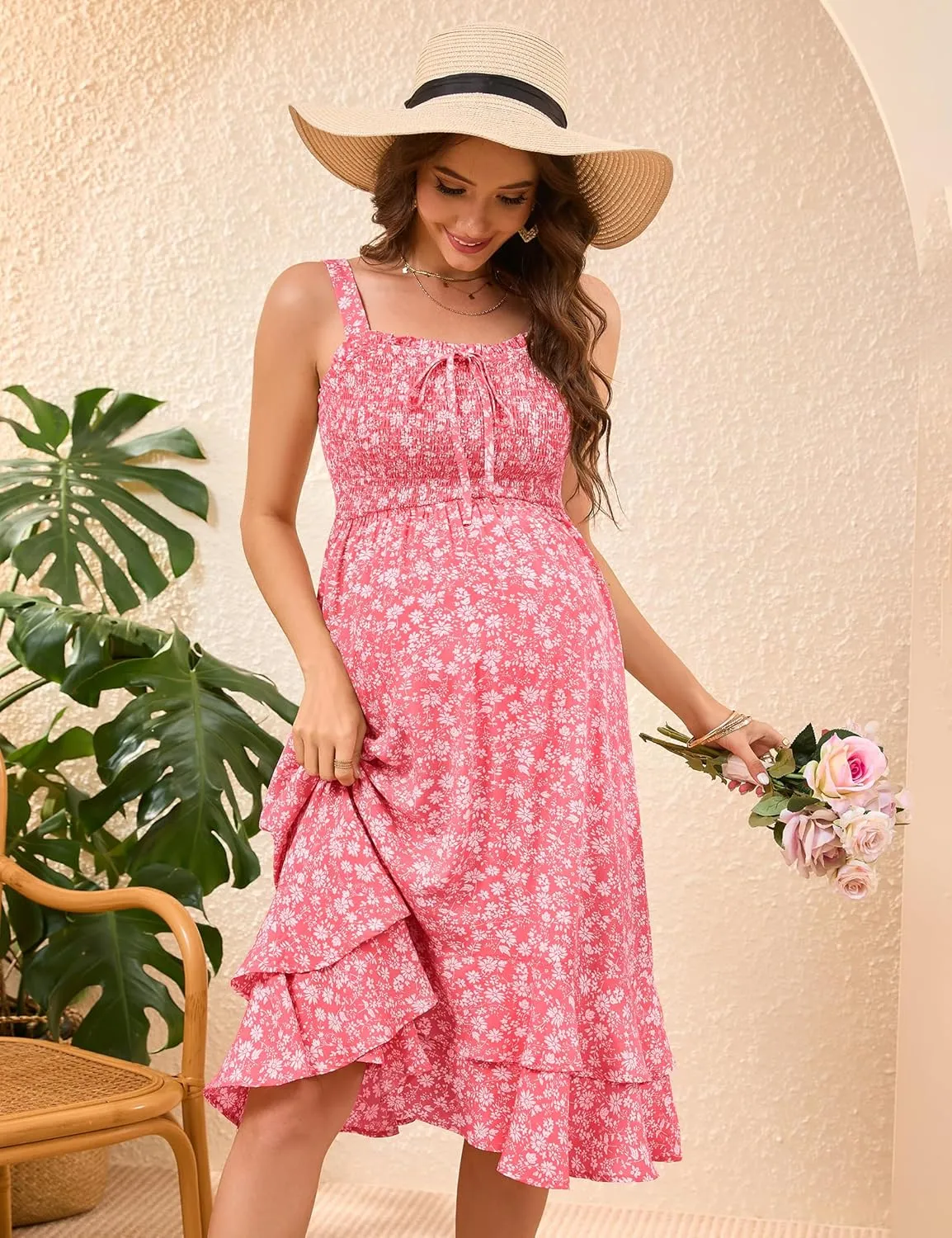 KOJOOIN Women's Maternity Dress Summer Floral Sleeveless Smocked Dresses Casual Flowy Maxi Dress Photoshoot Baby Shower