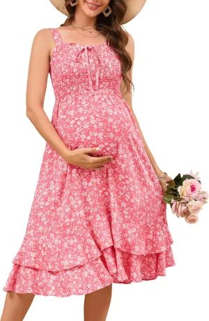 KOJOOIN Women's Maternity Dress Summer Floral Sleeveless Smocked Dresses Casual Flowy Maxi Dress Photoshoot Baby Shower