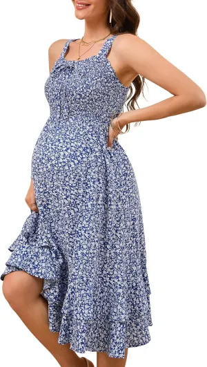KOJOOIN Women's Maternity Dress Summer Floral Sleeveless Smocked Dresses Casual Flowy Maxi Dress Photoshoot Baby Shower