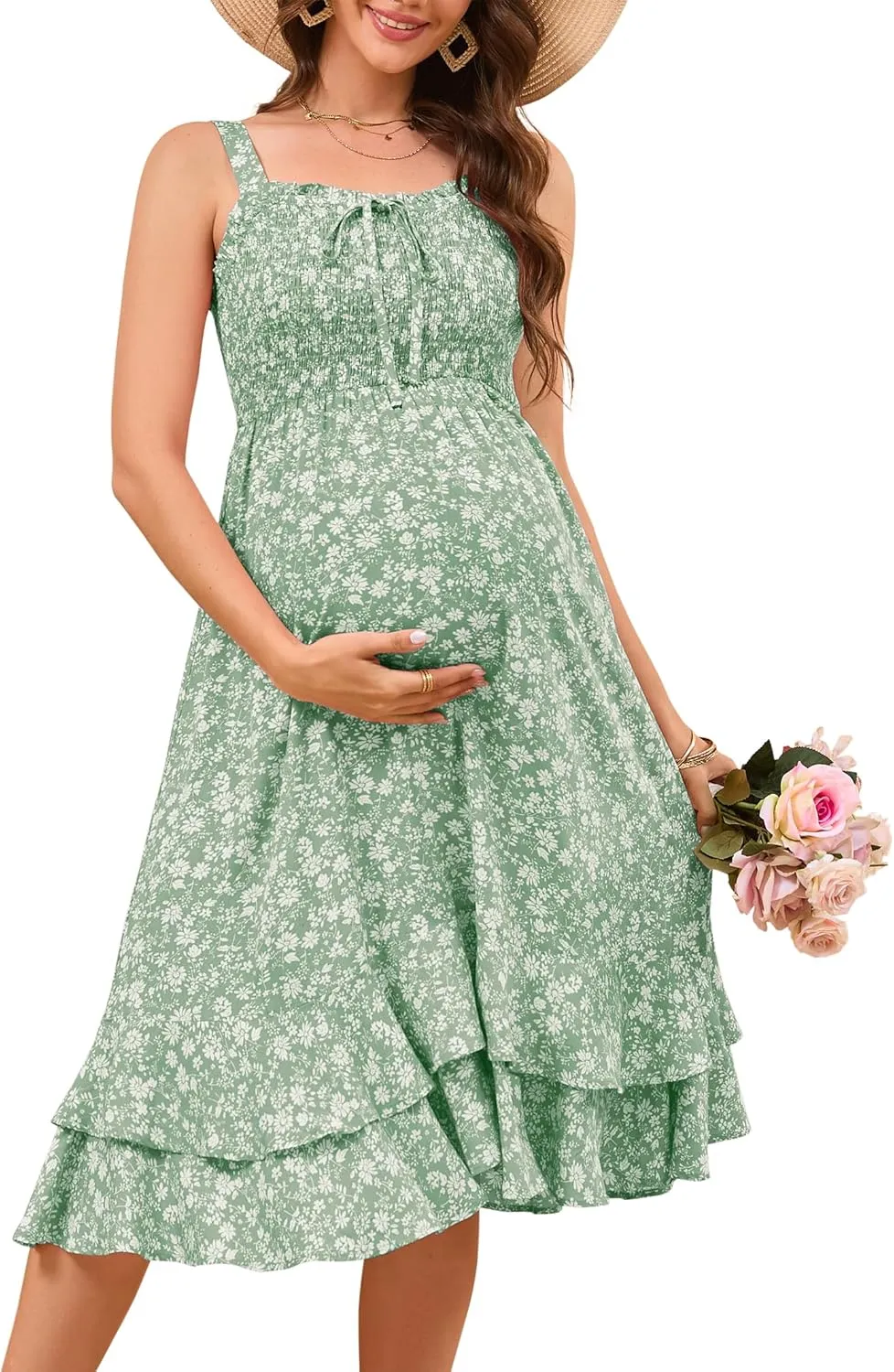 KOJOOIN Women's Maternity Dress Summer Floral Sleeveless Smocked Dresses Casual Flowy Maxi Dress Photoshoot Baby Shower