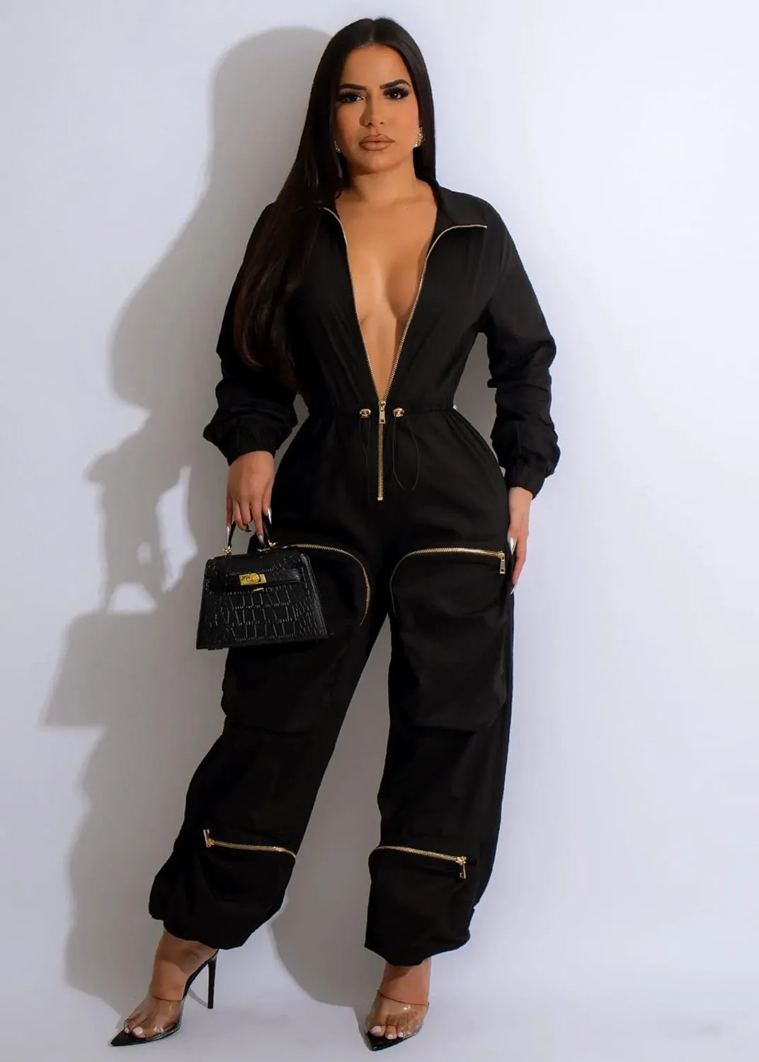 ksotutm Jumpsuits for Women Sexy Zip UP Windbreaker Jumpsuit Cargo Pants One Piece Jumpsuit Romper