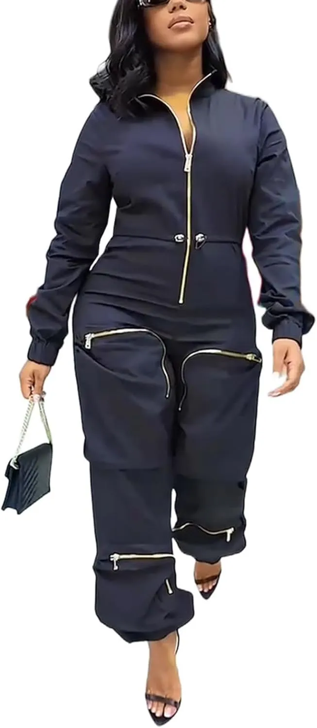 ksotutm Jumpsuits for Women Sexy Zip UP Windbreaker Jumpsuit Cargo Pants One Piece Jumpsuit Romper