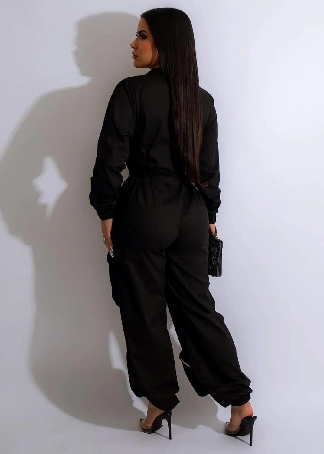 ksotutm Jumpsuits for Women Sexy Zip UP Windbreaker Jumpsuit Cargo Pants One Piece Jumpsuit Romper