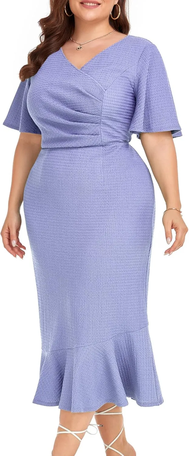 LALAGEN Plus Size Dress for Women Modest Short Sleeve Ruched Bodycon Mermaid Cocktail Midi Dresses 1X-6X