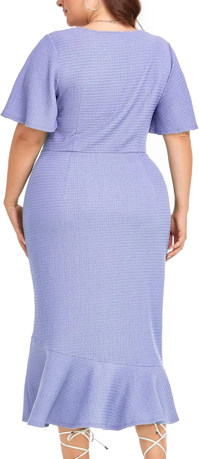 LALAGEN Plus Size Dress for Women Modest Short Sleeve Ruched Bodycon Mermaid Cocktail Midi Dresses 1X-6X