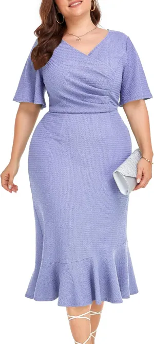 LALAGEN Plus Size Dress for Women Modest Short Sleeve Ruched Bodycon Mermaid Cocktail Midi Dresses 1X-6X