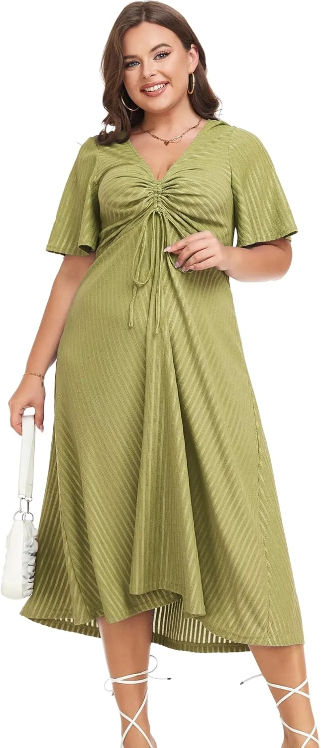 LALAGEN Womens Plus Size Boho Summer Midi Dress 2024 Flutter Short Sleeve Drawstring V Neck Flowy Beach Long Dress 1X-6X