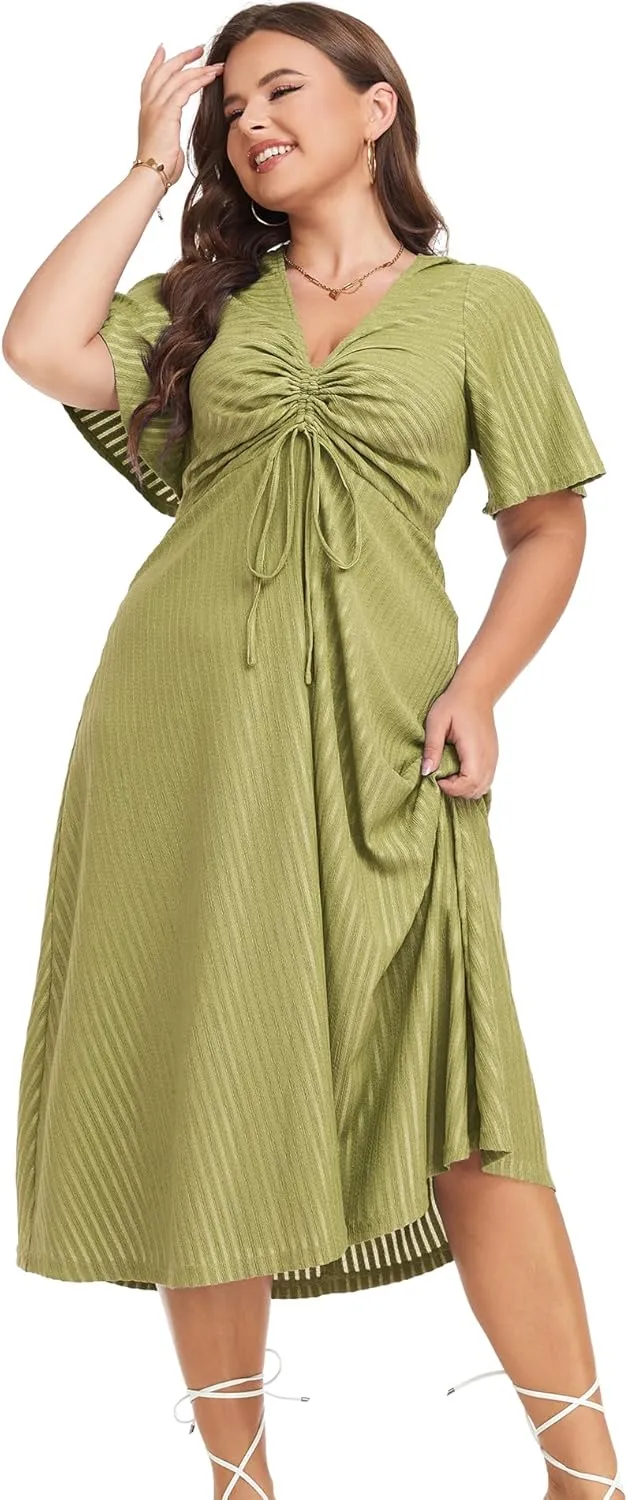 LALAGEN Womens Plus Size Boho Summer Midi Dress 2024 Flutter Short Sleeve Drawstring V Neck Flowy Beach Long Dress 1X-6X