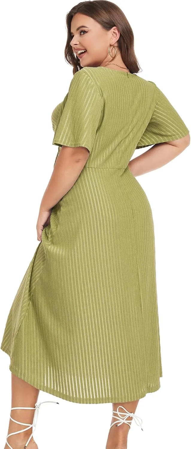 LALAGEN Womens Plus Size Boho Summer Midi Dress 2024 Flutter Short Sleeve Drawstring V Neck Flowy Beach Long Dress 1X-6X