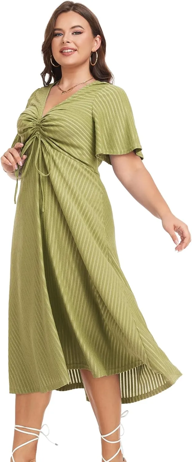 LALAGEN Womens Plus Size Boho Summer Midi Dress 2024 Flutter Short Sleeve Drawstring V Neck Flowy Beach Long Dress 1X-6X
