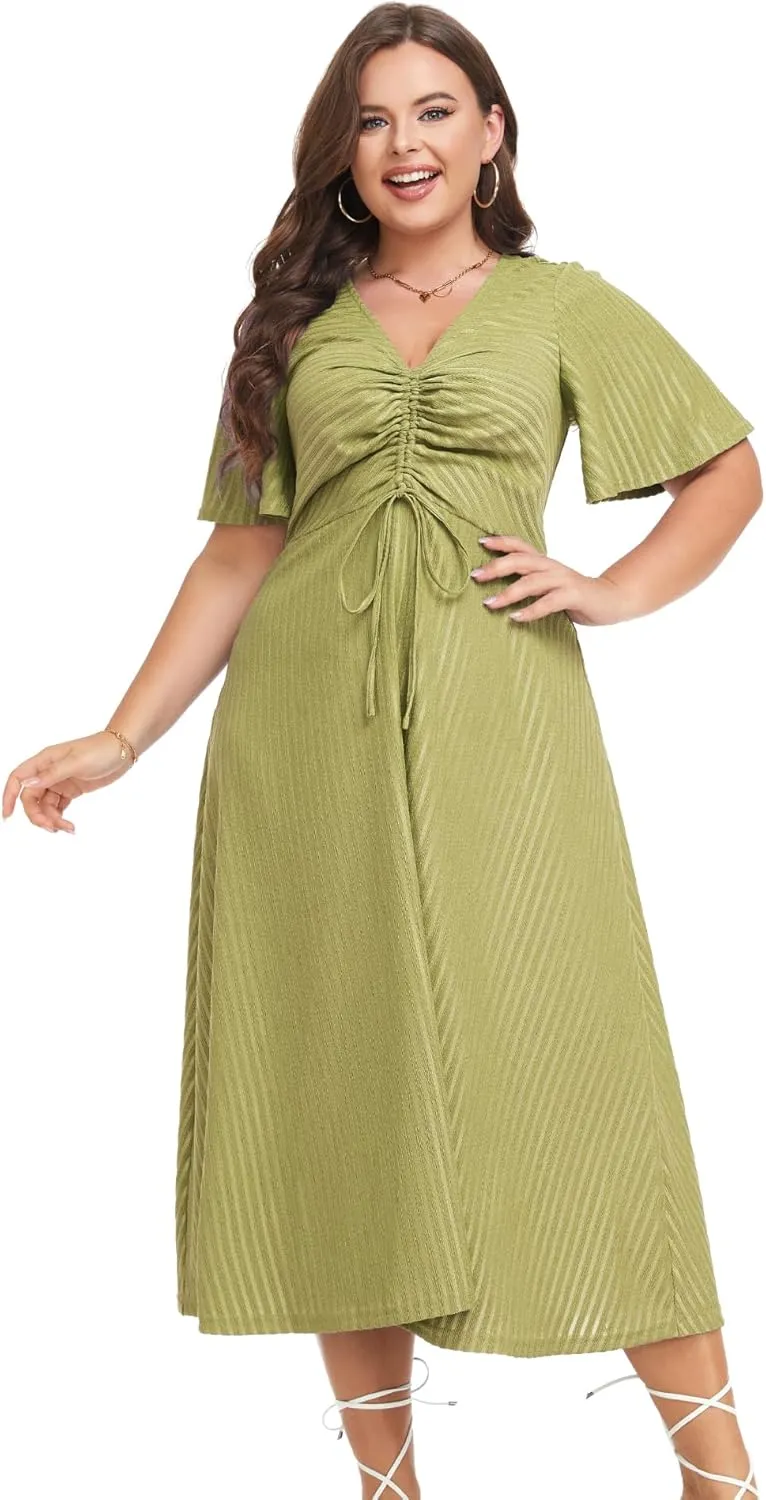 LALAGEN Womens Plus Size Boho Summer Midi Dress 2024 Flutter Short Sleeve Drawstring V Neck Flowy Beach Long Dress 1X-6X