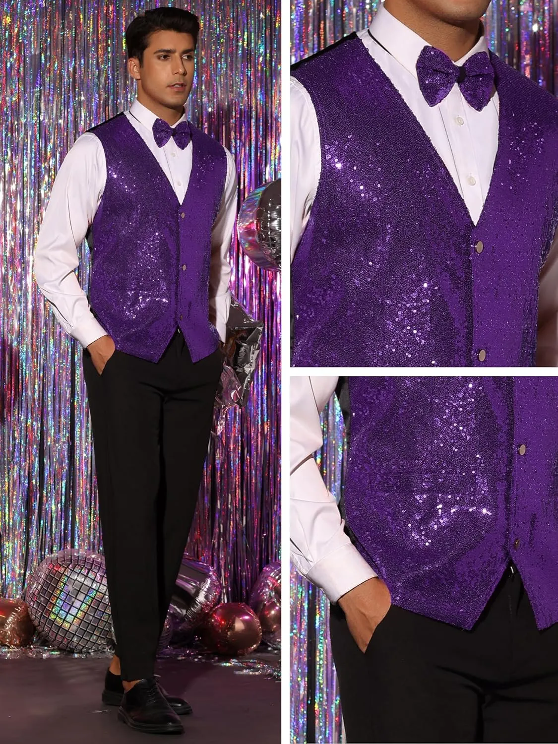 Lars Amadeus Sequins Vest for Men's V-Neck Slim Fit Shiny Disco Party Sleeveless Waistcoat Bowtie
