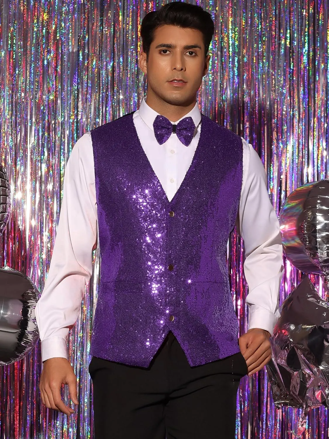 Lars Amadeus Sequins Vest for Men's V-Neck Slim Fit Shiny Disco Party Sleeveless Waistcoat Bowtie