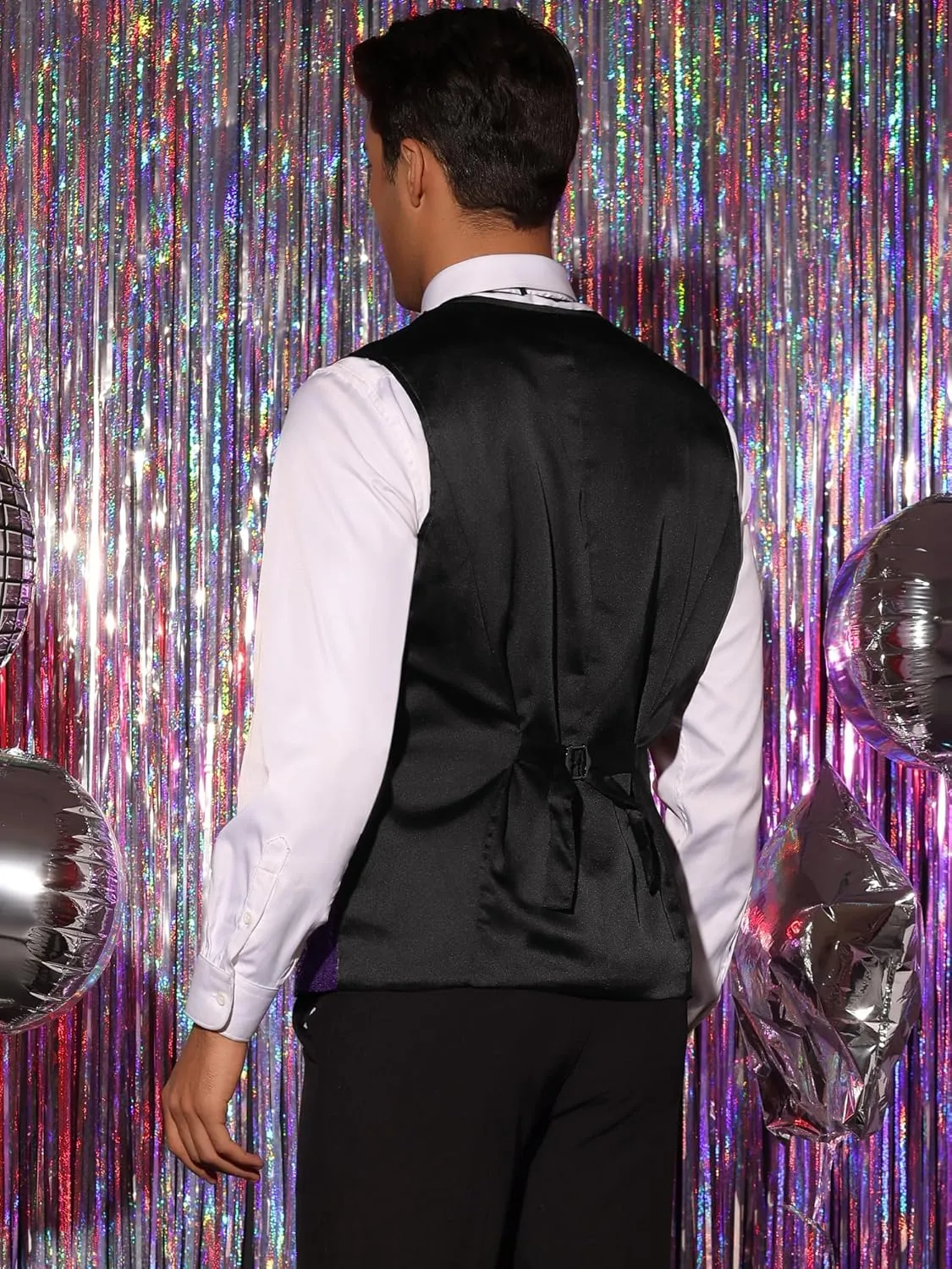 Lars Amadeus Sequins Vest for Men's V-Neck Slim Fit Shiny Disco Party Sleeveless Waistcoat Bowtie