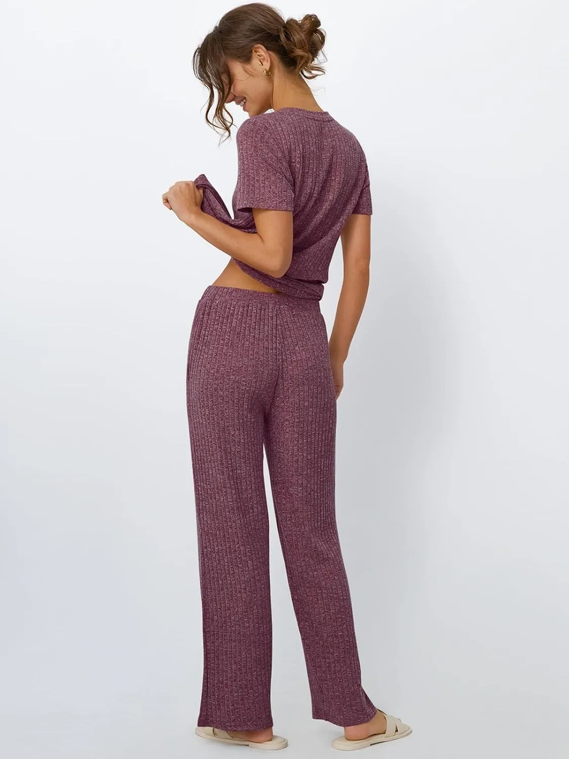 LILLUSORY 2 Piece Lounge Sets for Women Summer Vacation Outfits Matching Casual Wide Leg Pants Sets Ribbed Knit Pajamas 2025