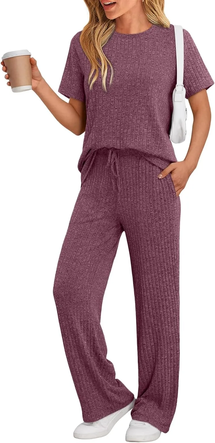 LILLUSORY 2 Piece Lounge Sets for Women Summer Vacation Outfits Matching Casual Wide Leg Pants Sets Ribbed Knit Pajamas 2025