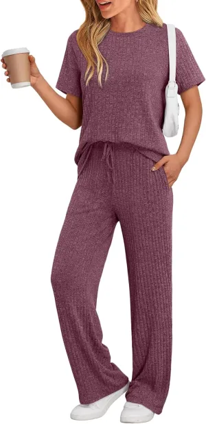 LILLUSORY 2 Piece Lounge Sets for Women Summer Vacation Outfits Matching Casual Wide Leg Pants Sets Ribbed Knit Pajamas 2025