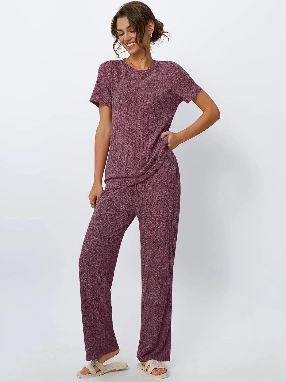 LILLUSORY 2 Piece Lounge Sets for Women Summer Vacation Outfits Matching Casual Wide Leg Pants Sets Ribbed Knit Pajamas 2025