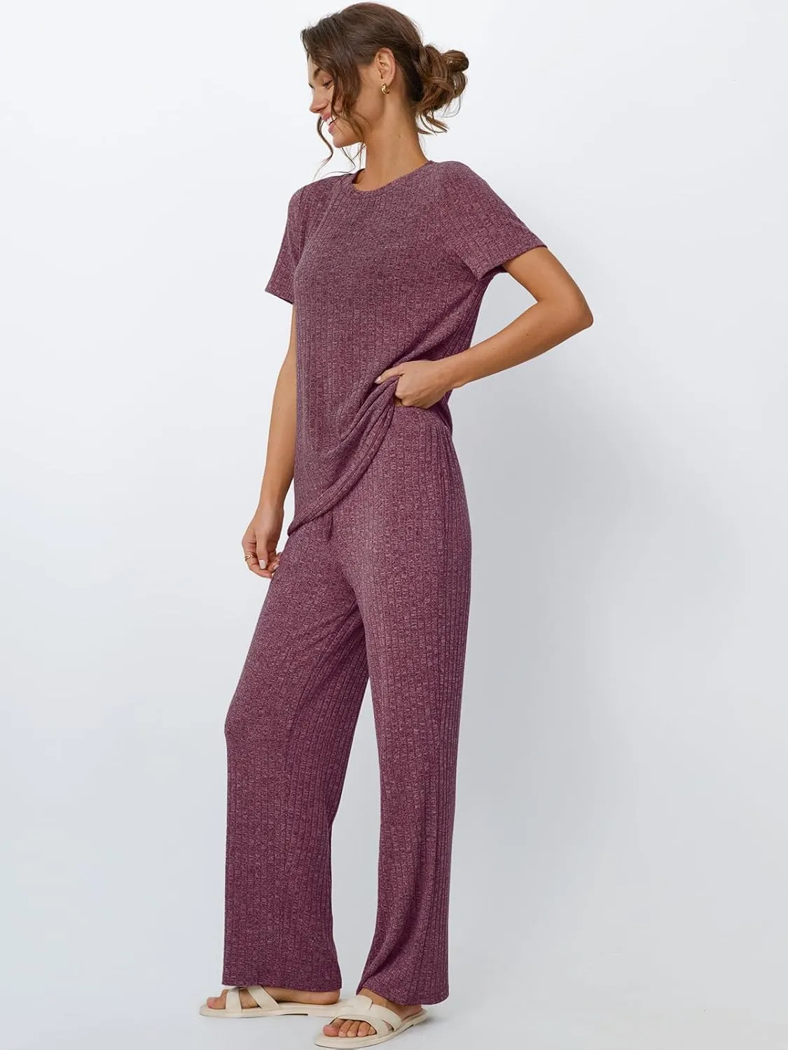 LILLUSORY 2 Piece Lounge Sets for Women Summer Vacation Outfits Matching Casual Wide Leg Pants Sets Ribbed Knit Pajamas 2025