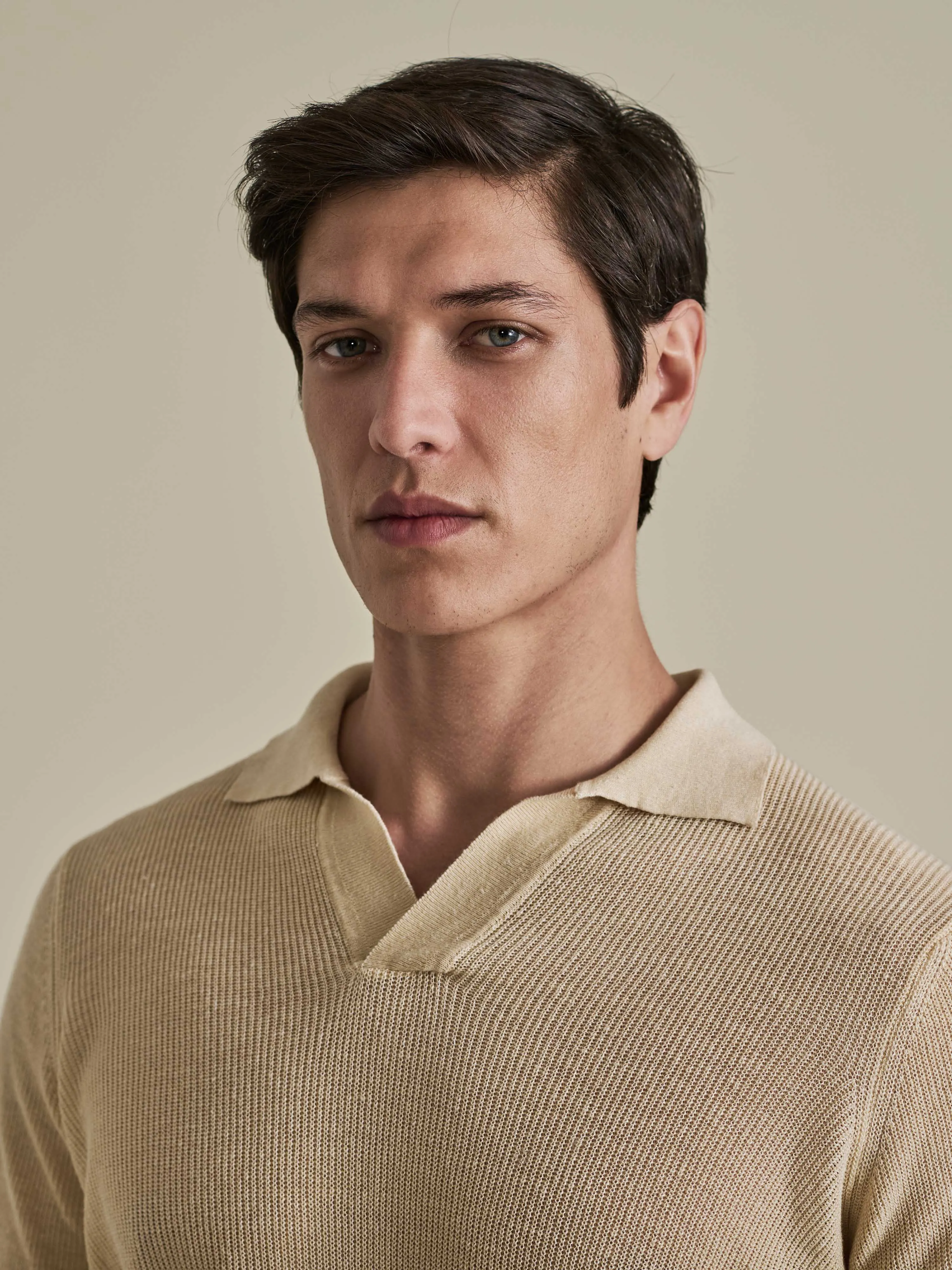 Linen Cotton Long Sleeve Skipper Polo Shirt