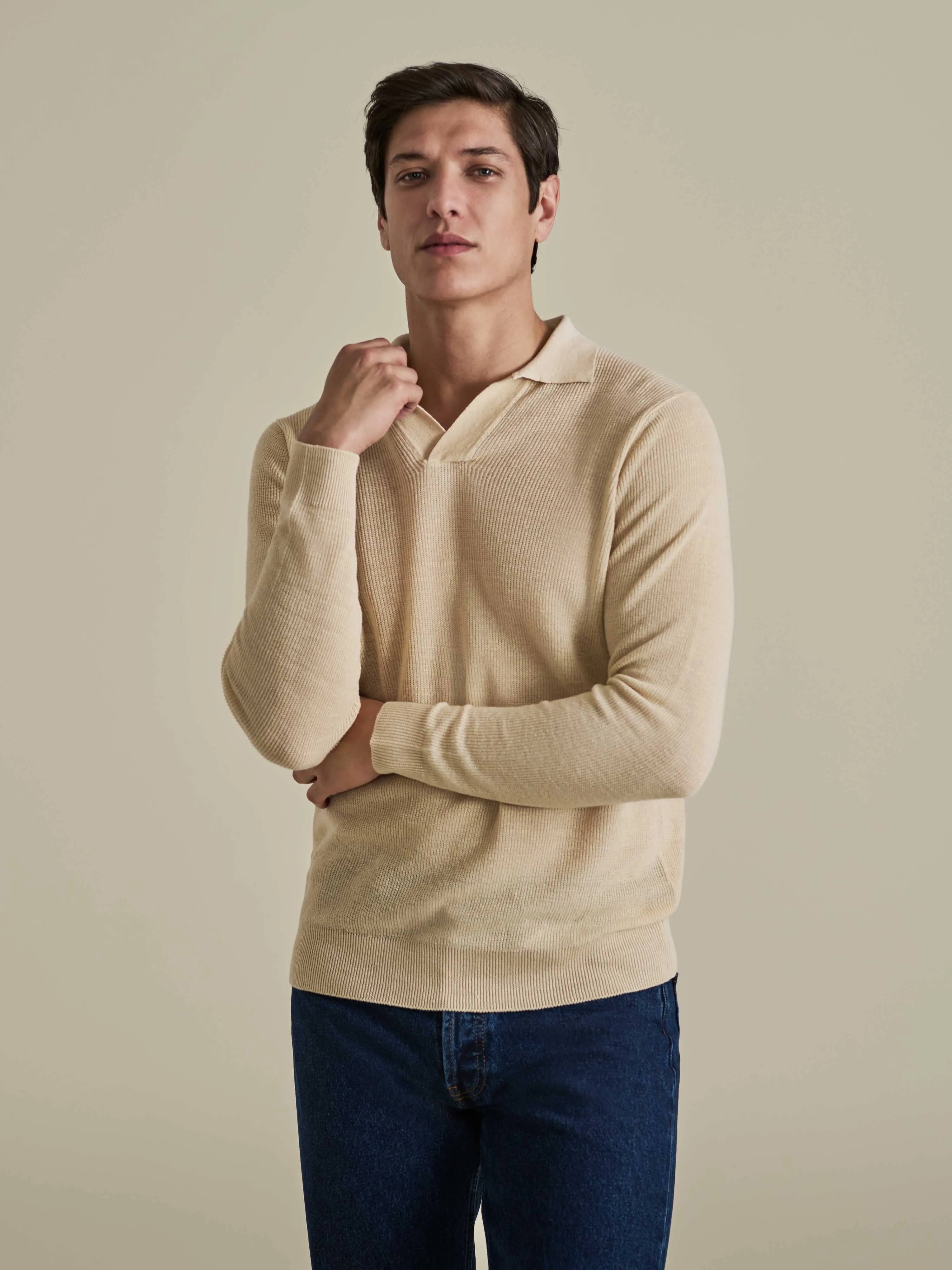 Linen Cotton Long Sleeve Skipper Polo Shirt