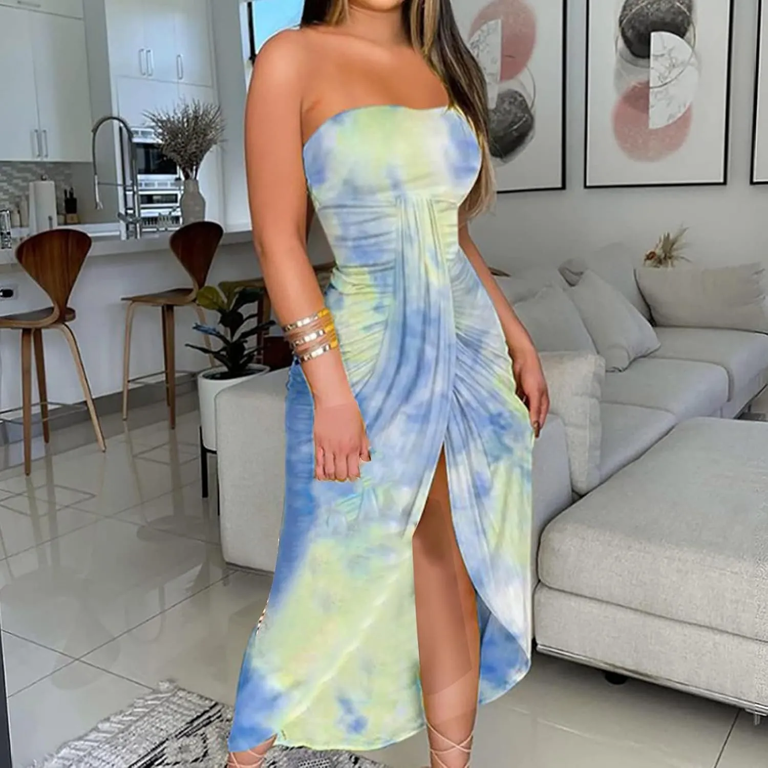 LOAIHA Summer Beach Strapless Dress for Women Boho Floral Maxi Tube Dress Sexy Vacation Ruched Asymmetrical Bandeau Sundress