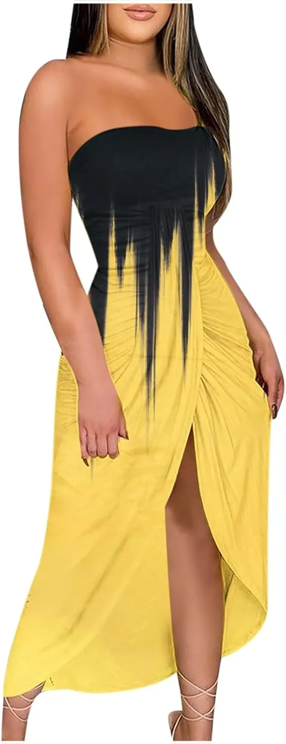 LOAIHA Summer Beach Strapless Dress for Women Boho Floral Maxi Tube Dress Sexy Vacation Ruched Asymmetrical Bandeau Sundress