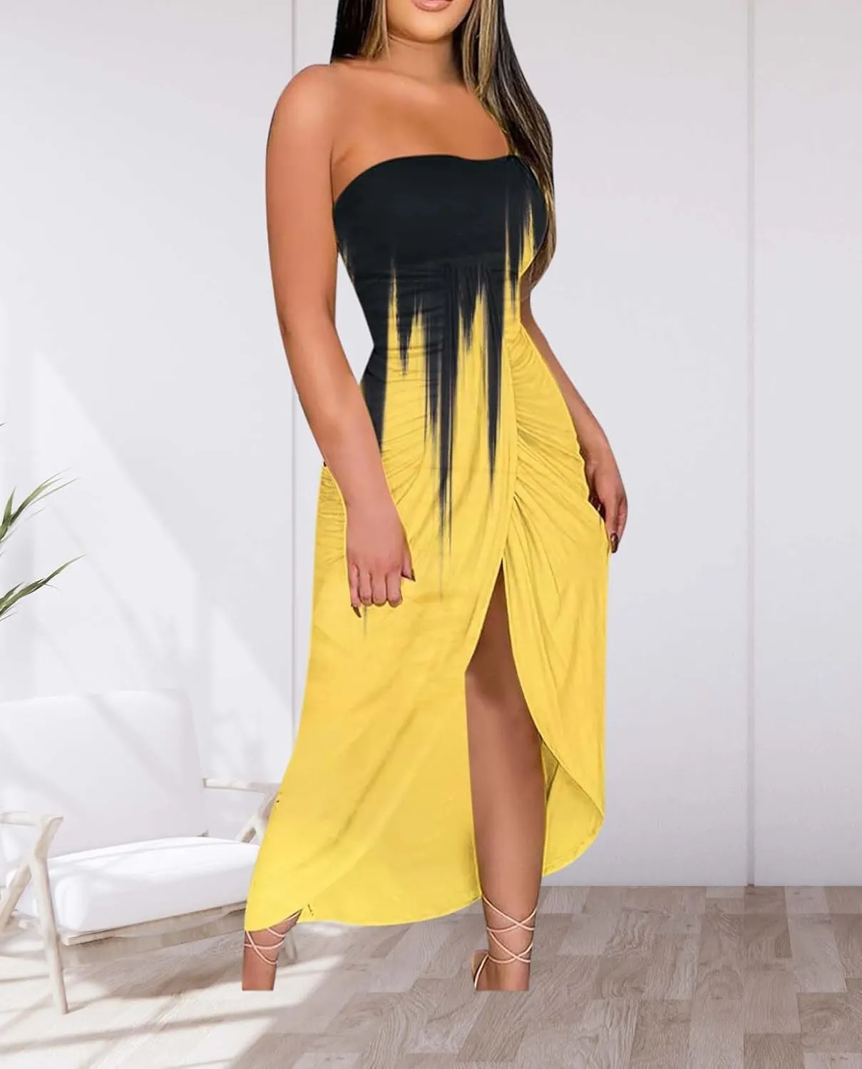 LOAIHA Summer Beach Strapless Dress for Women Boho Floral Maxi Tube Dress Sexy Vacation Ruched Asymmetrical Bandeau Sundress