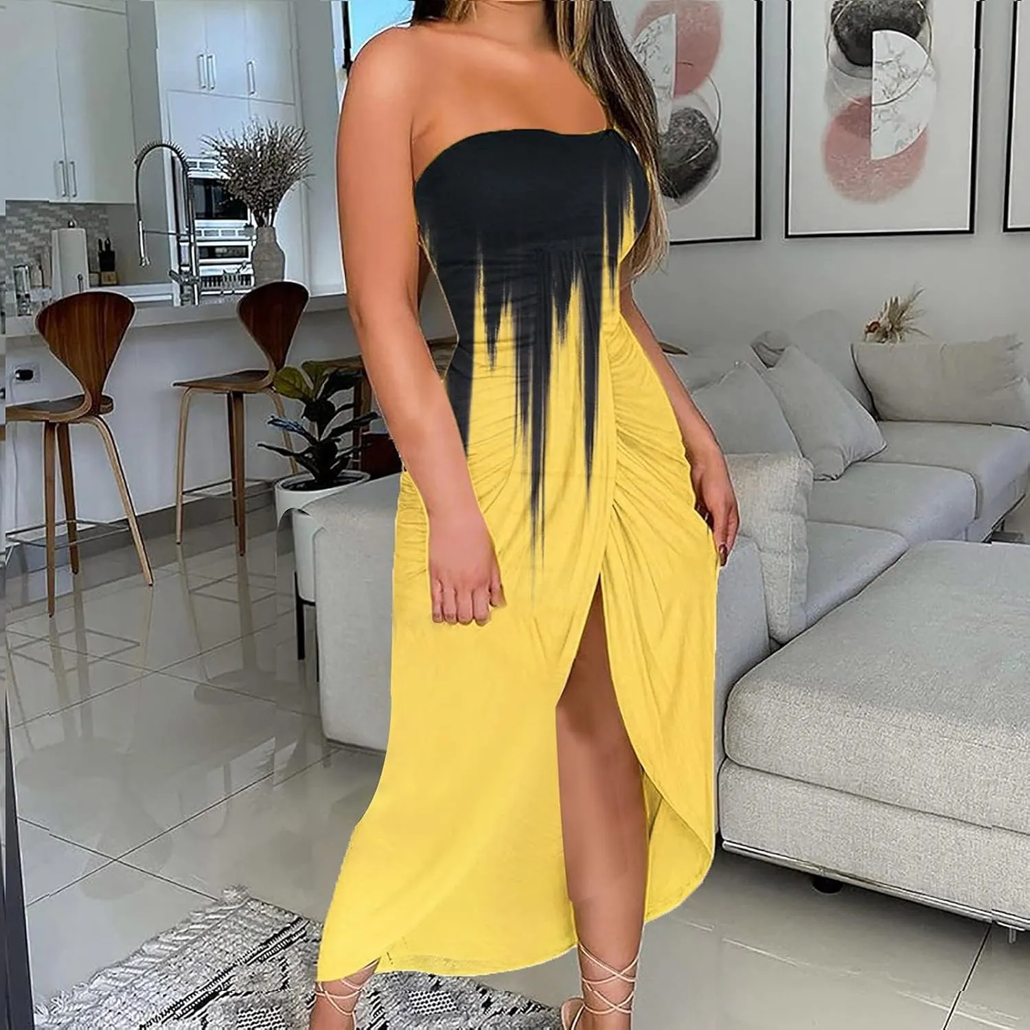 LOAIHA Summer Beach Strapless Dress for Women Boho Floral Maxi Tube Dress Sexy Vacation Ruched Asymmetrical Bandeau Sundress