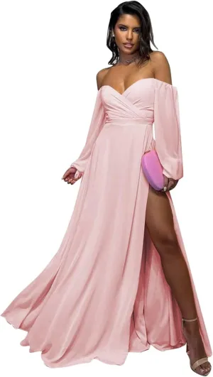 Long Sleeve Bridesmaid Dresses for Women A Line Off The Shoulder Chiffon Formal Evening Dress with Slit