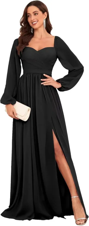Long Sleeve Bridesmaid Dresses for Women Long Pleated Chiffon Formal Evening Dresses with Slit