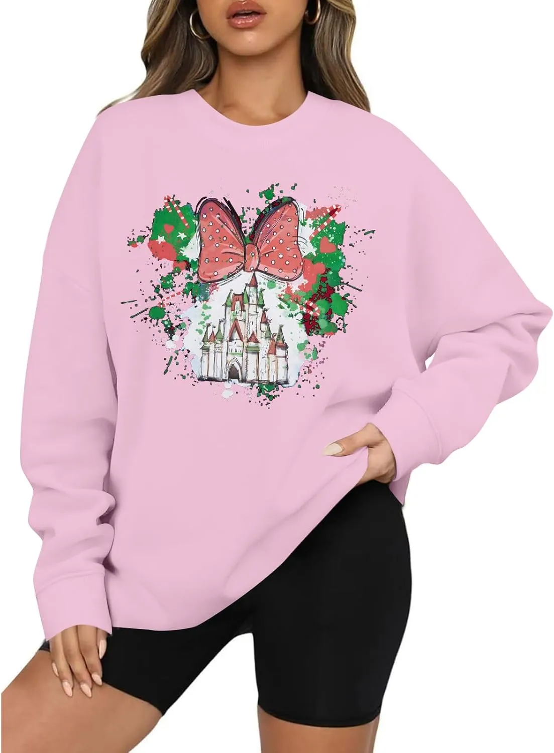 LUKYCILD Magic Kingdom Sweatshirts for Women Castle Oversized Sweatshirt Holiday Shirt Graphic Long Sleeve Pullover Tops