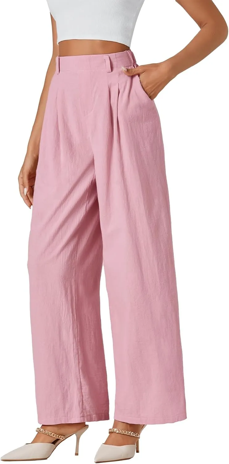 LYANER Womens Cotton High Waist Wide Leg Long Palazzo Pants Loose Casual Trousers
