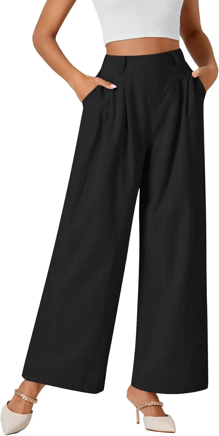 LYANER Womens Cotton High Waist Wide Leg Long Palazzo Pants Loose Casual Trousers