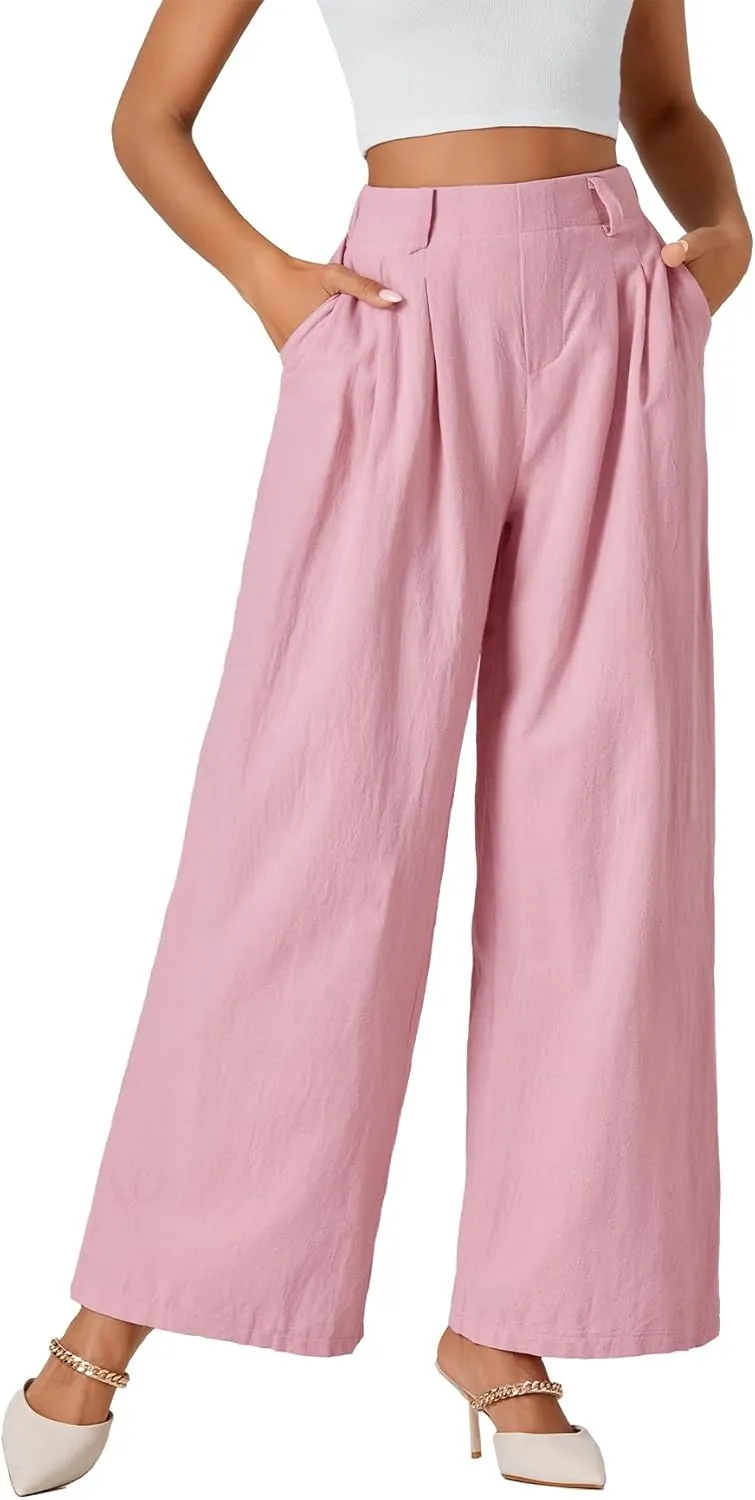 LYANER Womens Cotton High Waist Wide Leg Long Palazzo Pants Loose Casual Trousers