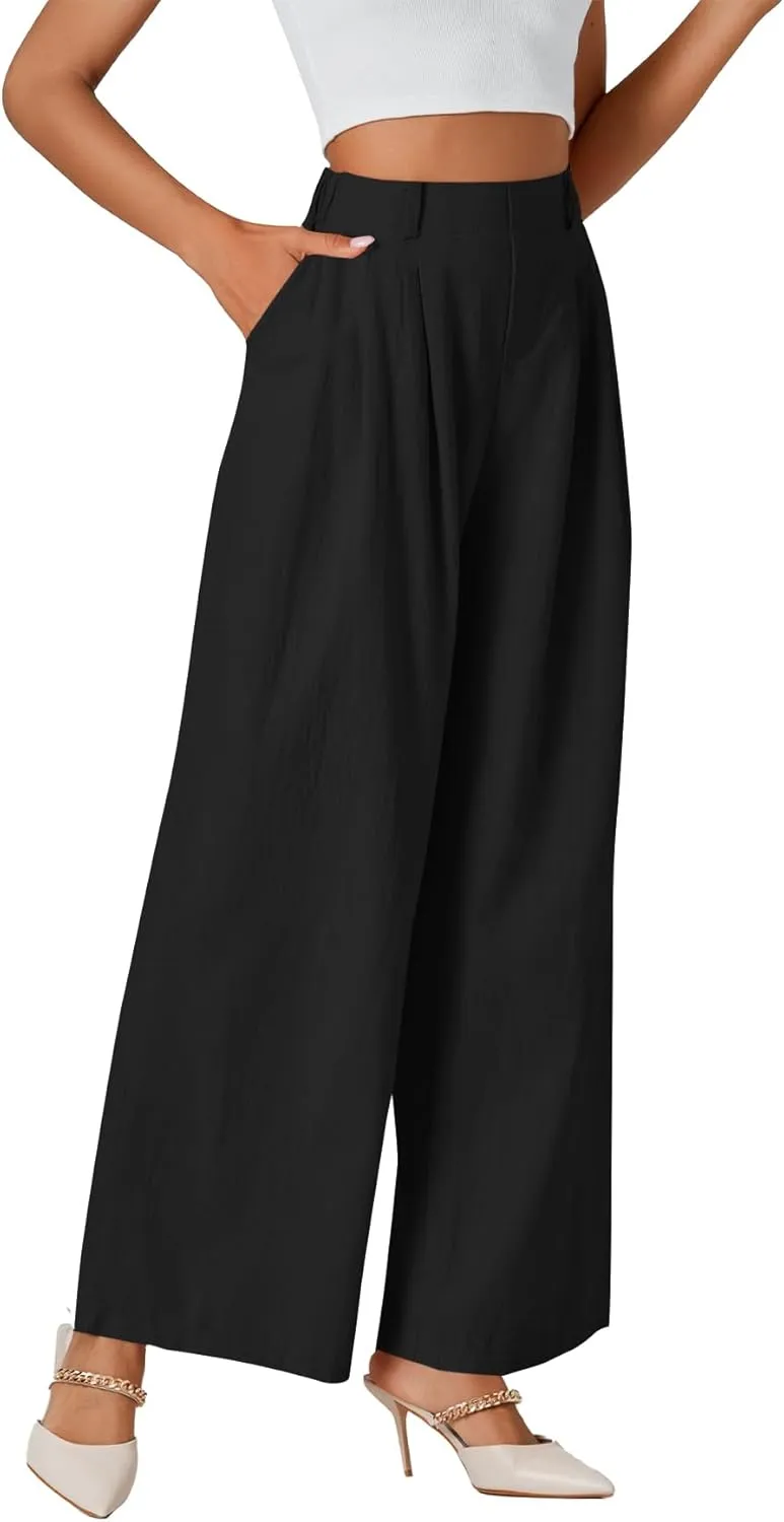 LYANER Womens Cotton High Waist Wide Leg Long Palazzo Pants Loose Casual Trousers