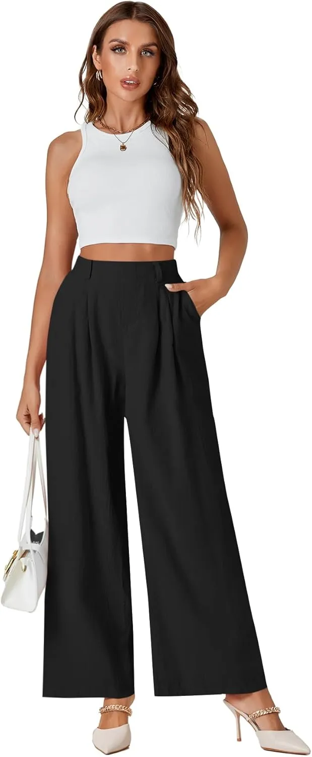 LYANER Womens Cotton High Waist Wide Leg Long Palazzo Pants Loose Casual Trousers