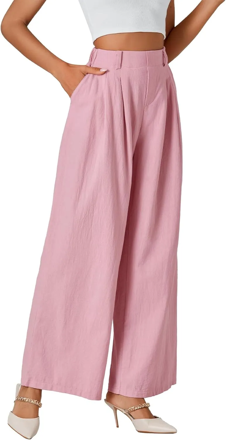 LYANER Womens Cotton High Waist Wide Leg Long Palazzo Pants Loose Casual Trousers