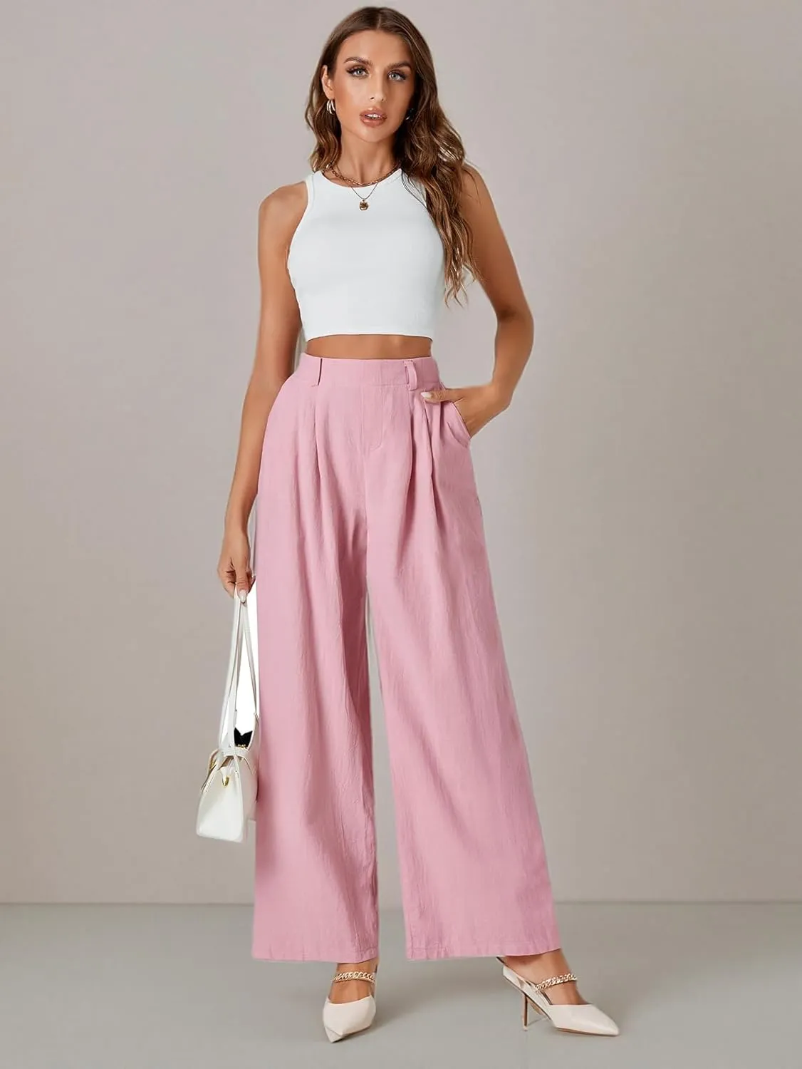 LYANER Womens Cotton High Waist Wide Leg Long Palazzo Pants Loose Casual Trousers
