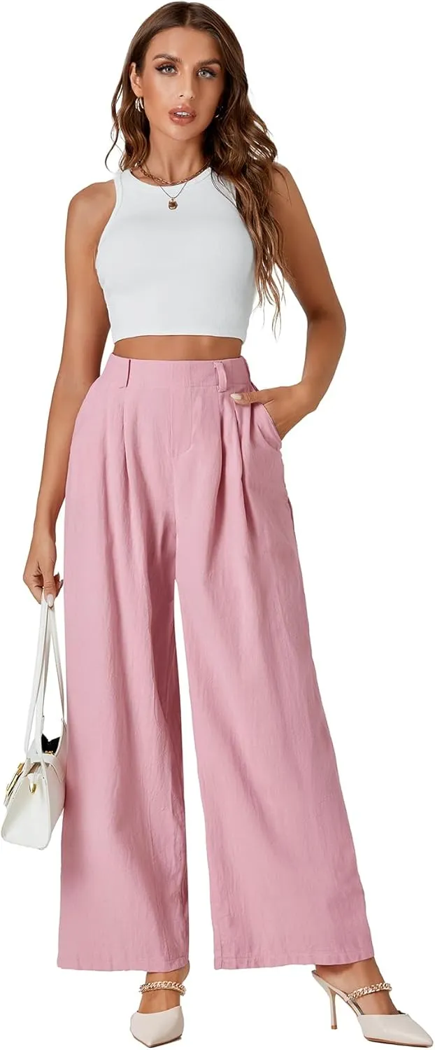LYANER Womens Cotton High Waist Wide Leg Long Palazzo Pants Loose Casual Trousers