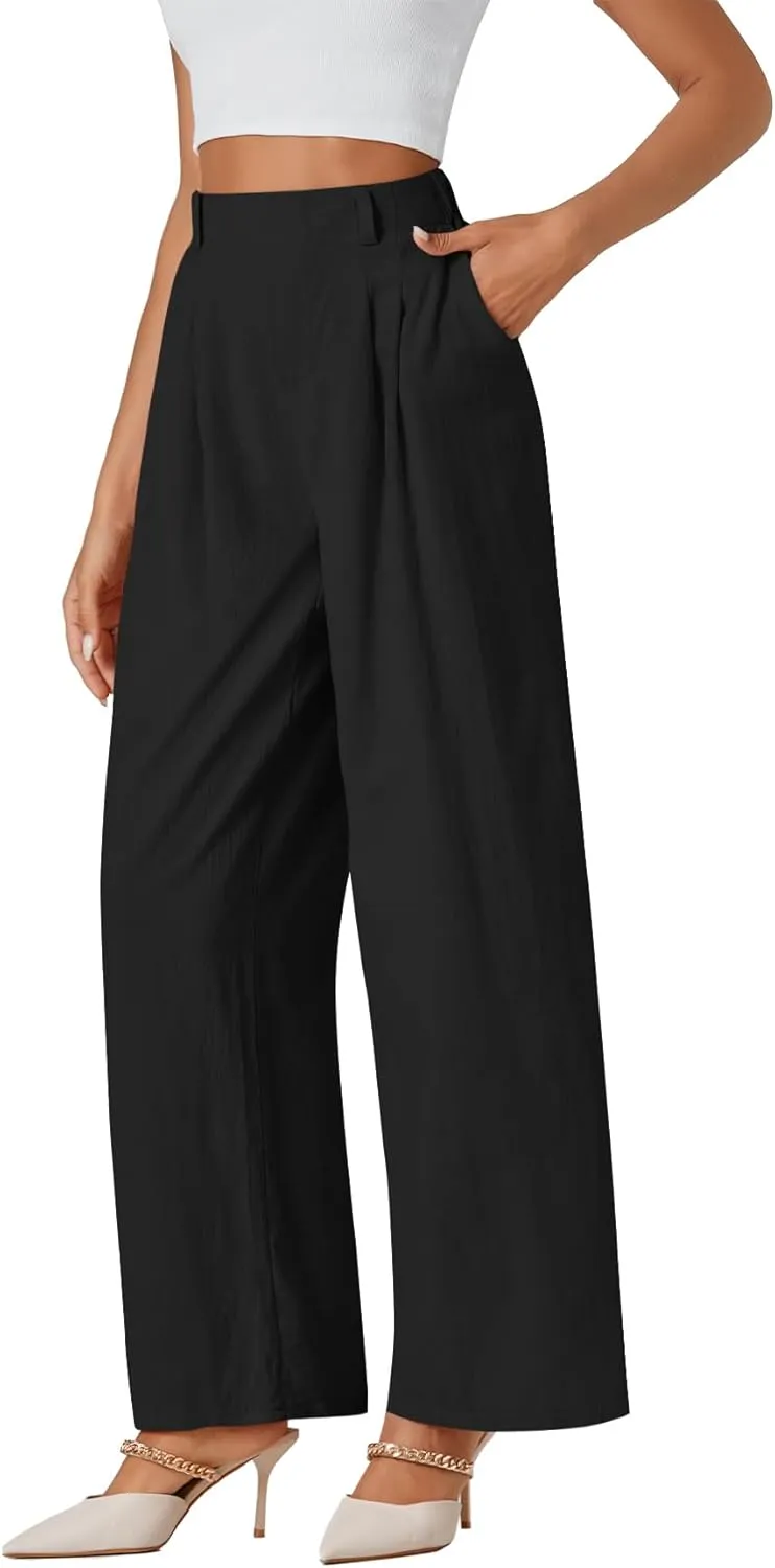 LYANER Womens Cotton High Waist Wide Leg Long Palazzo Pants Loose Casual Trousers