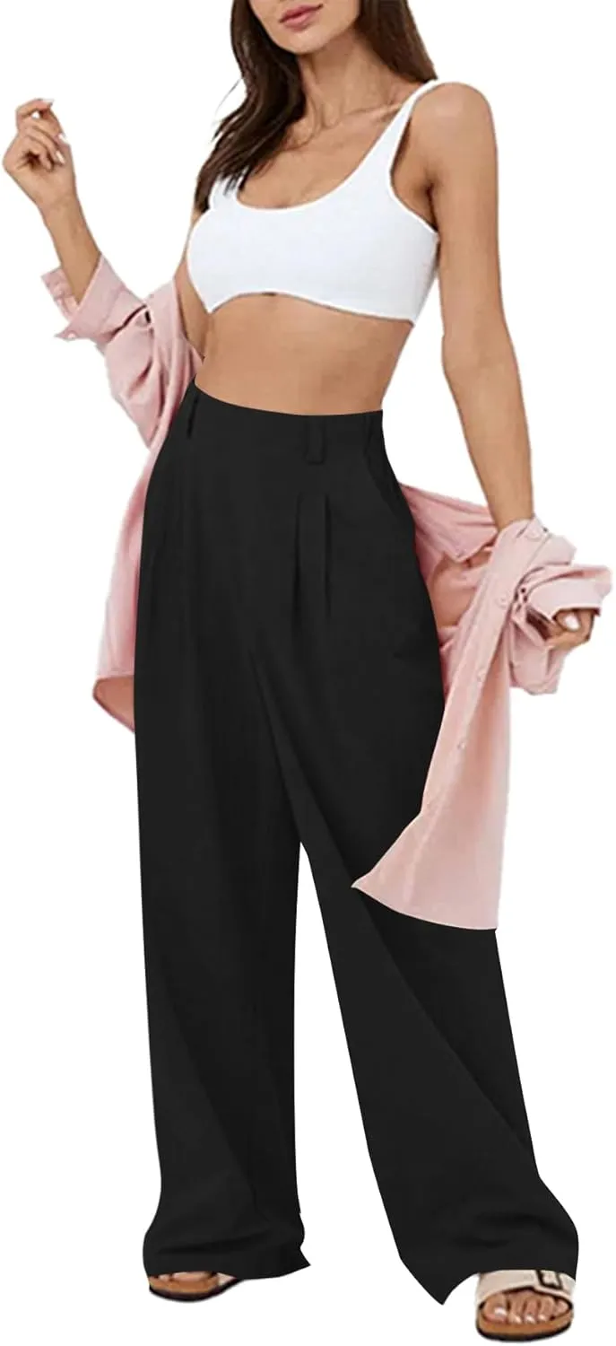LYANER Womens Cotton High Waist Wide Leg Long Palazzo Pants Loose Casual Trousers