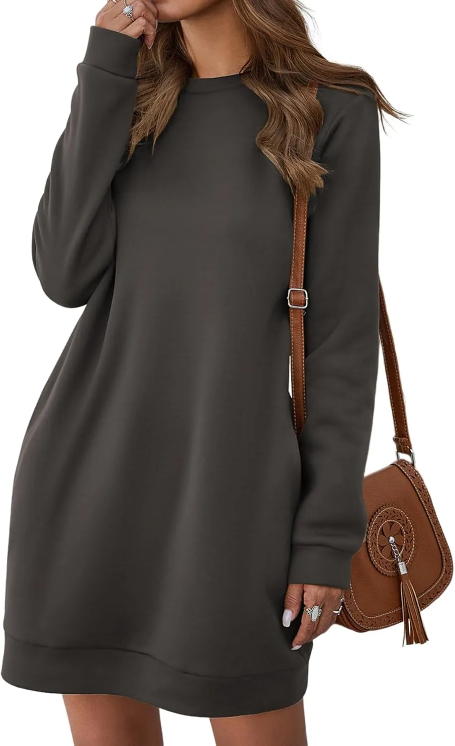 LYANER Women's Sweatshirt Dress Crewneck Long Sleeve Loose Fit Mini Sweat Shirt Dress with Pockets