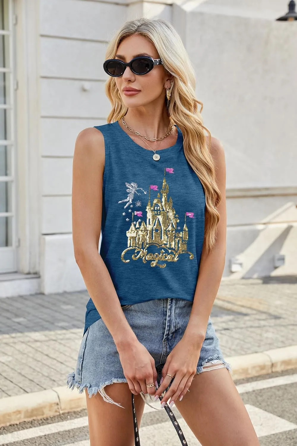 Magical Castle Tank Top Women: Magic Kingdom Shirts Cute Graphic Holiday Vest Summer Vacation Sleeveless Shirt