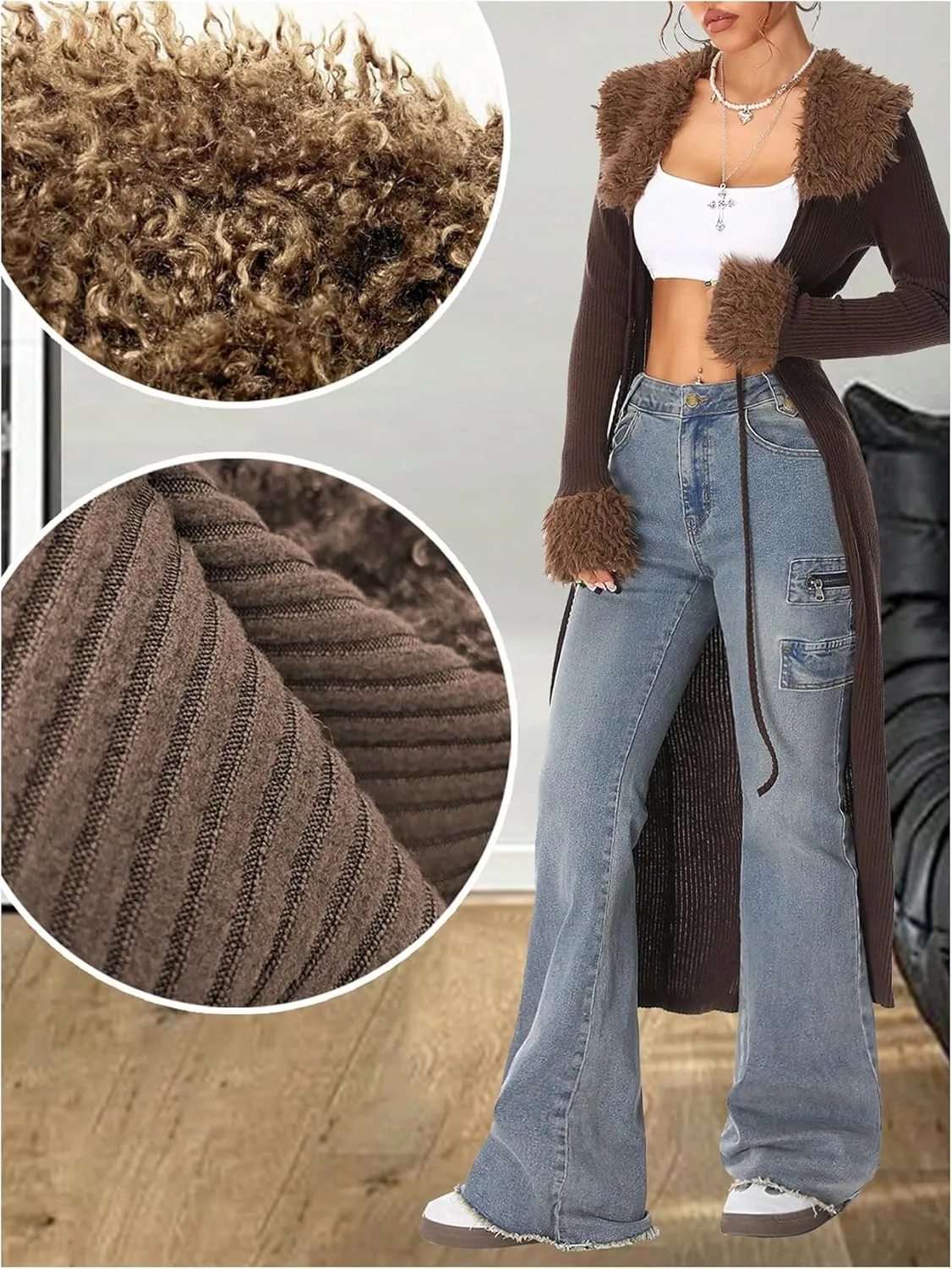 MakeMeChic Women's Contrast Faux Fur Long Sleeve Sweater Tie Front Rib Knitted Long Cardigan
