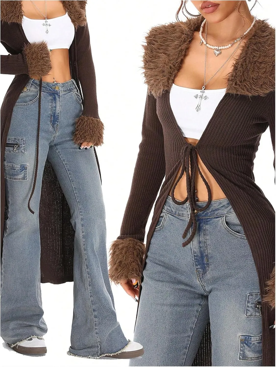 MakeMeChic Women's Contrast Faux Fur Long Sleeve Sweater Tie Front Rib Knitted Long Cardigan